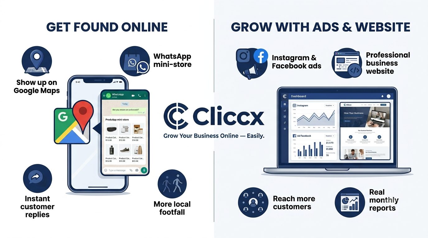 Cliccx: get found on Google Maps and WhatsApp, and grow with ads, a website, and reporting